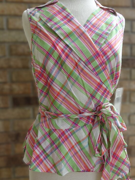 Lauren Ralph Lauren Tops - Lauren Ralph Lauren Pink Green Plaid Wrap Blouse - Size L